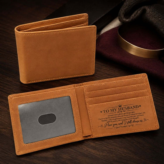 Personalized engraved wallet for husband, featuring apology message inside, perfect as an apology gift for husband.