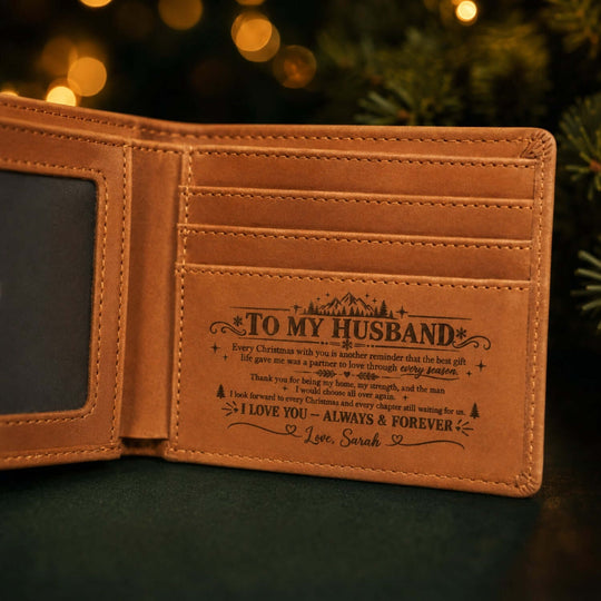 Christmas gift for husband wallet - personalized leather wallet with heartfelt message for husband inside.
