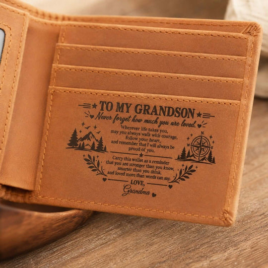 Engraved wallet for grandson featuring a heartfelt message about love and courage