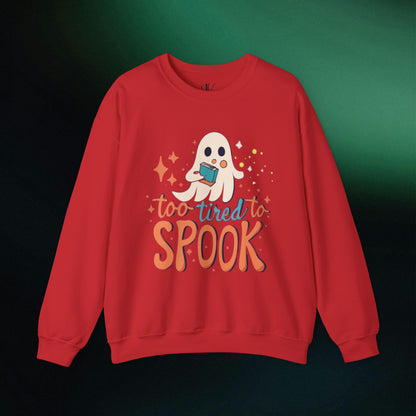 Ghost Reading Books Sweater | Bookish Halloween Sweatshirt - Halloween Teacher Gift, Librarian Halloween Hoodie, Ghost Crewneck - 'Too Tired to Spook' Sweatshirt S Red 