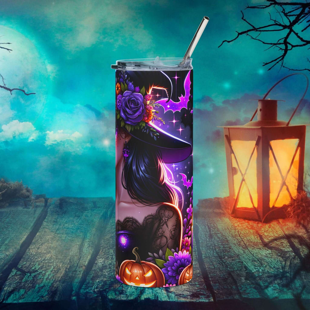 Feelin' Witchy 20oz Stainless Steel Tumbler — Halloween Witch, Bats & Pumpkins Mug Printify