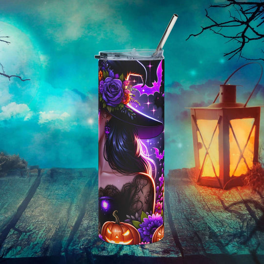 Feelin' Witchy 20oz Stainless Steel Tumbler — Halloween Witch, Bats & Pumpkins Mug Printify