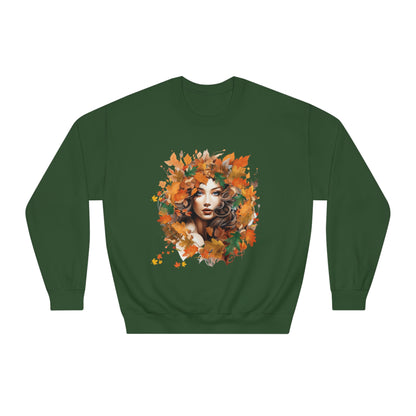 Whimsical Dreams in Autumn Hues: Romantic Dreamy Female Surrounded by Autumn Leaves Sweatshirt - Fairycore, Forestcore, Cottagecore-inspired Fashion Sweatshirt Forest Green S 