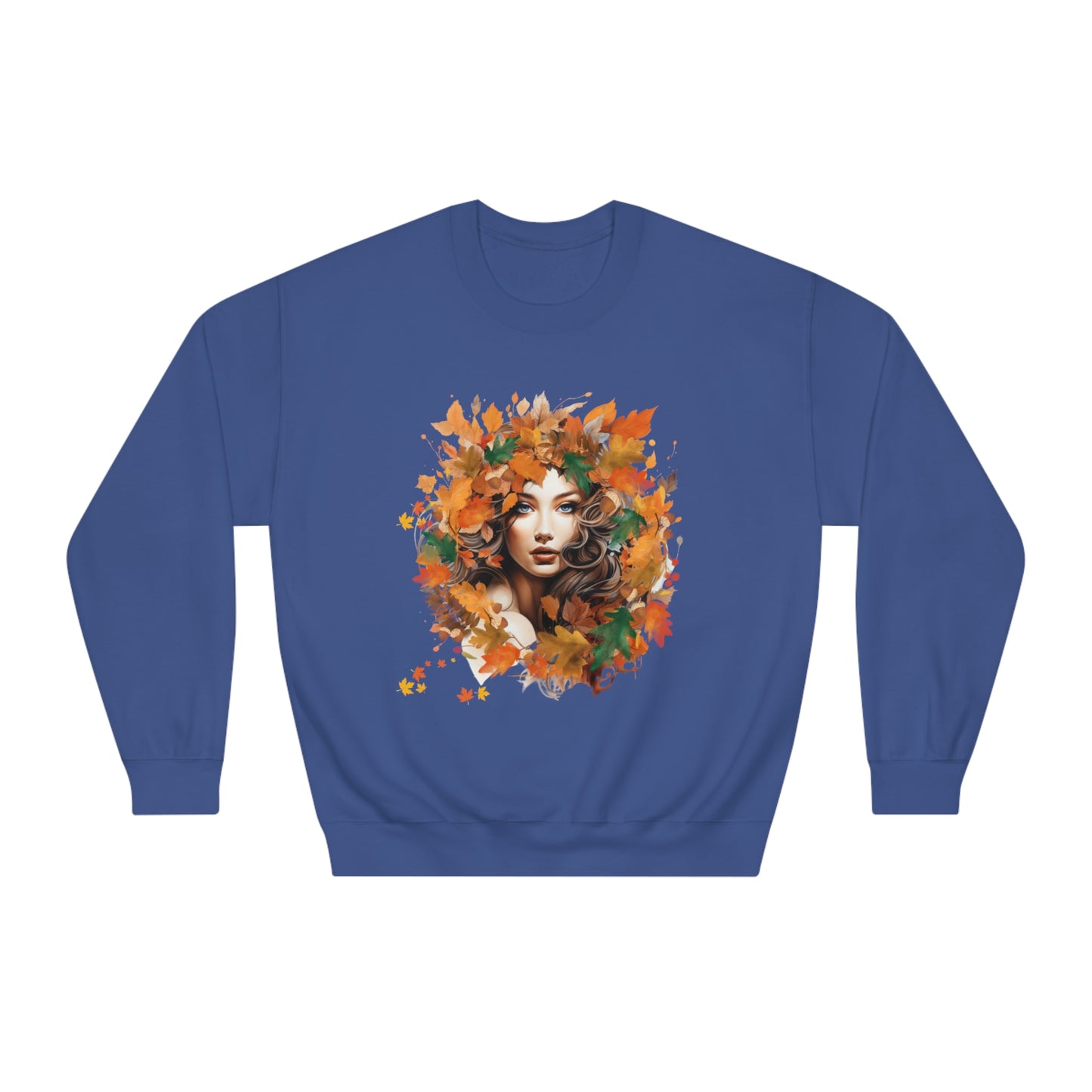 Whimsical Dreams in Autumn Hues: Romantic Dreamy Female Surrounded by Autumn Leaves Sweatshirt - Fairycore, Forestcore, Cottagecore-inspired Fashion Sweatshirt Navy S 