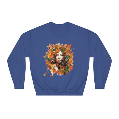Whimsical Dreams in Autumn Hues: Romantic Dreamy Female Surrounded by Autumn Leaves Sweatshirt - Fairycore, Forestcore, Cottagecore-inspired Fashion Sweatshirt Navy S 