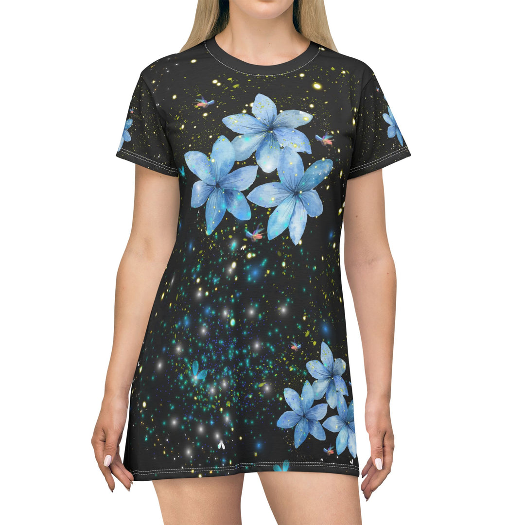 Starry Night T-Shirt Dress with Blue Flowers
