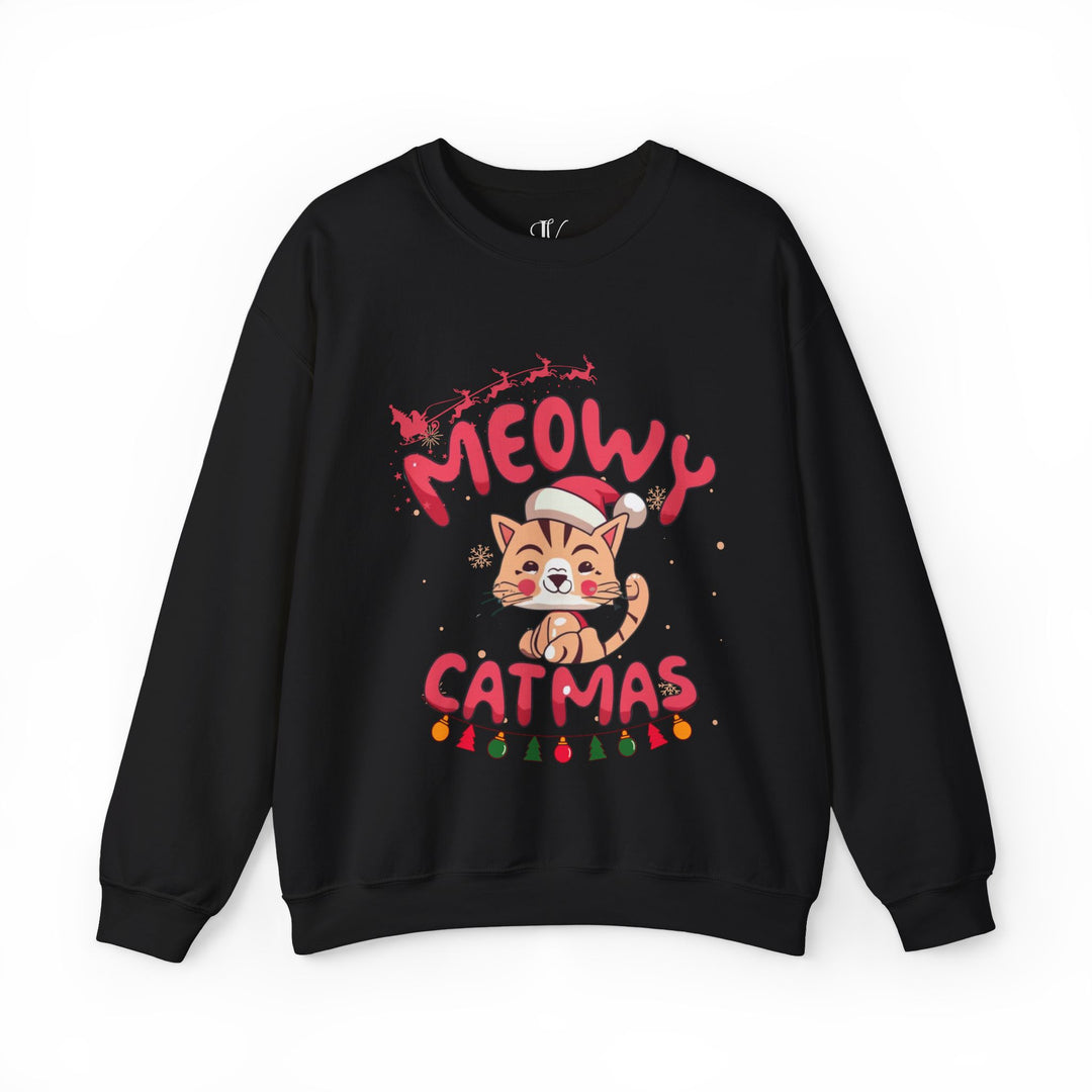 Funny Meowy Catmas Crewneck Sweatshirt Sweatshirt Printify S Black