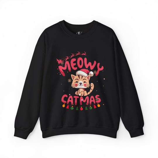 Funny Meowy Catmas Crewneck Sweatshirt Sweatshirt Printify S Black