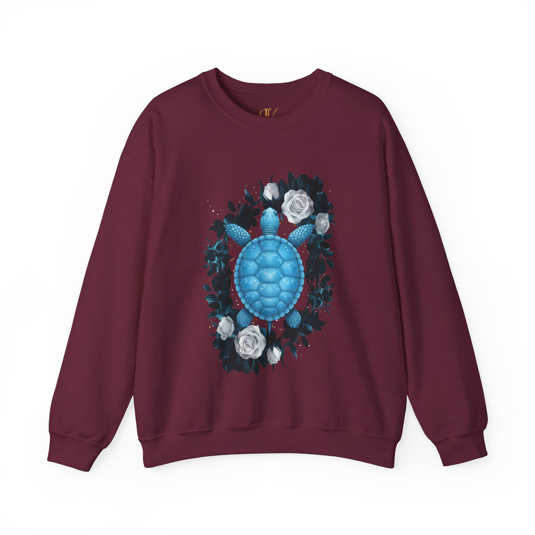 Blue Turtle and White Roses Sweatshirt Sweatshirt Printify S Maroon