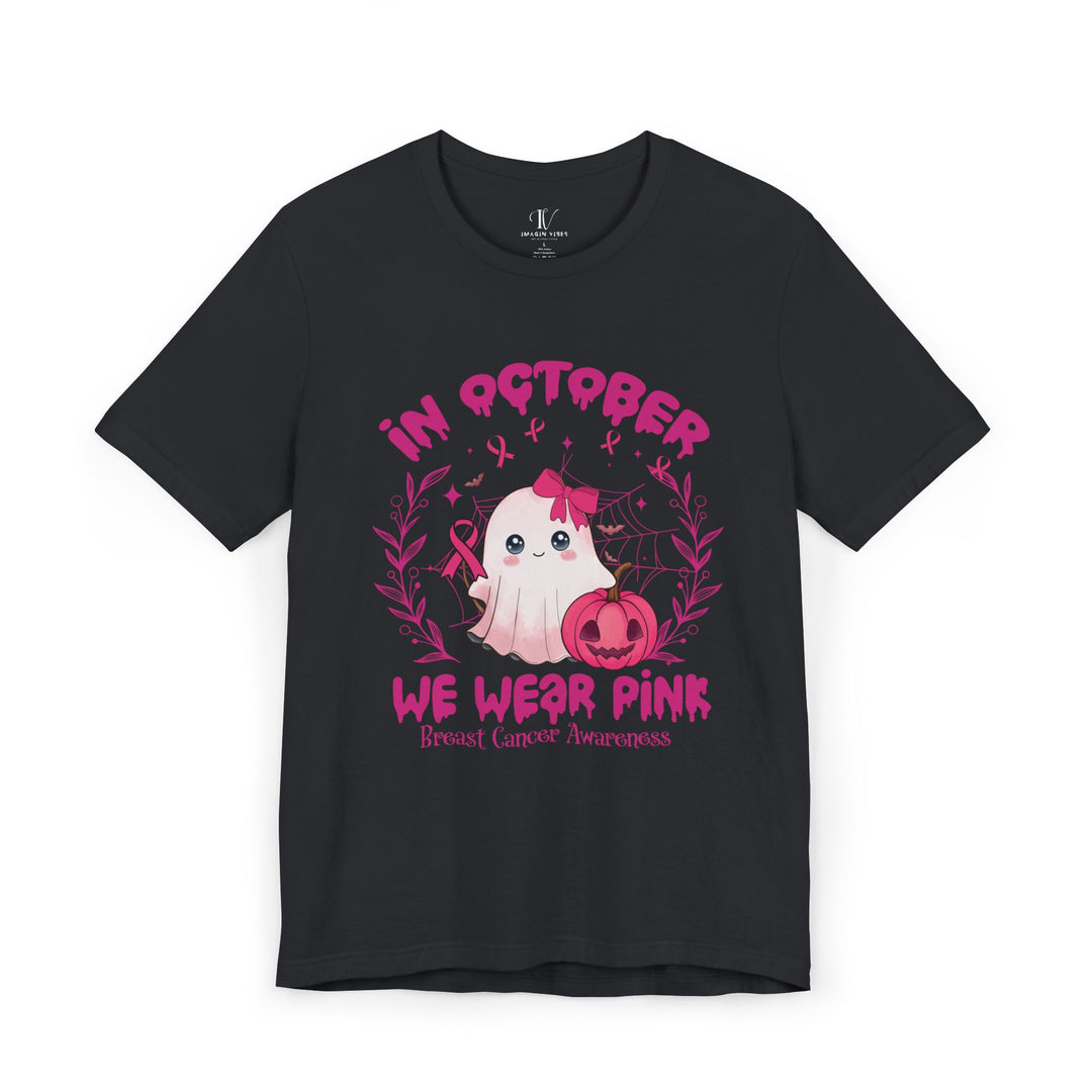 Cute Spooky Ghost Breast Cancer Support "In October We Wear Pink" T-Shirt