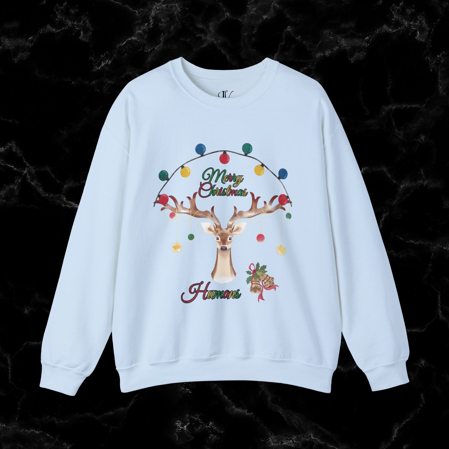 Merry Christmas Reindeer Sweatshirt - Christmas Crewneck for Festive Holiday Cheer | 'Merry Christmas Humans' Sweatshirt S Light Blue 