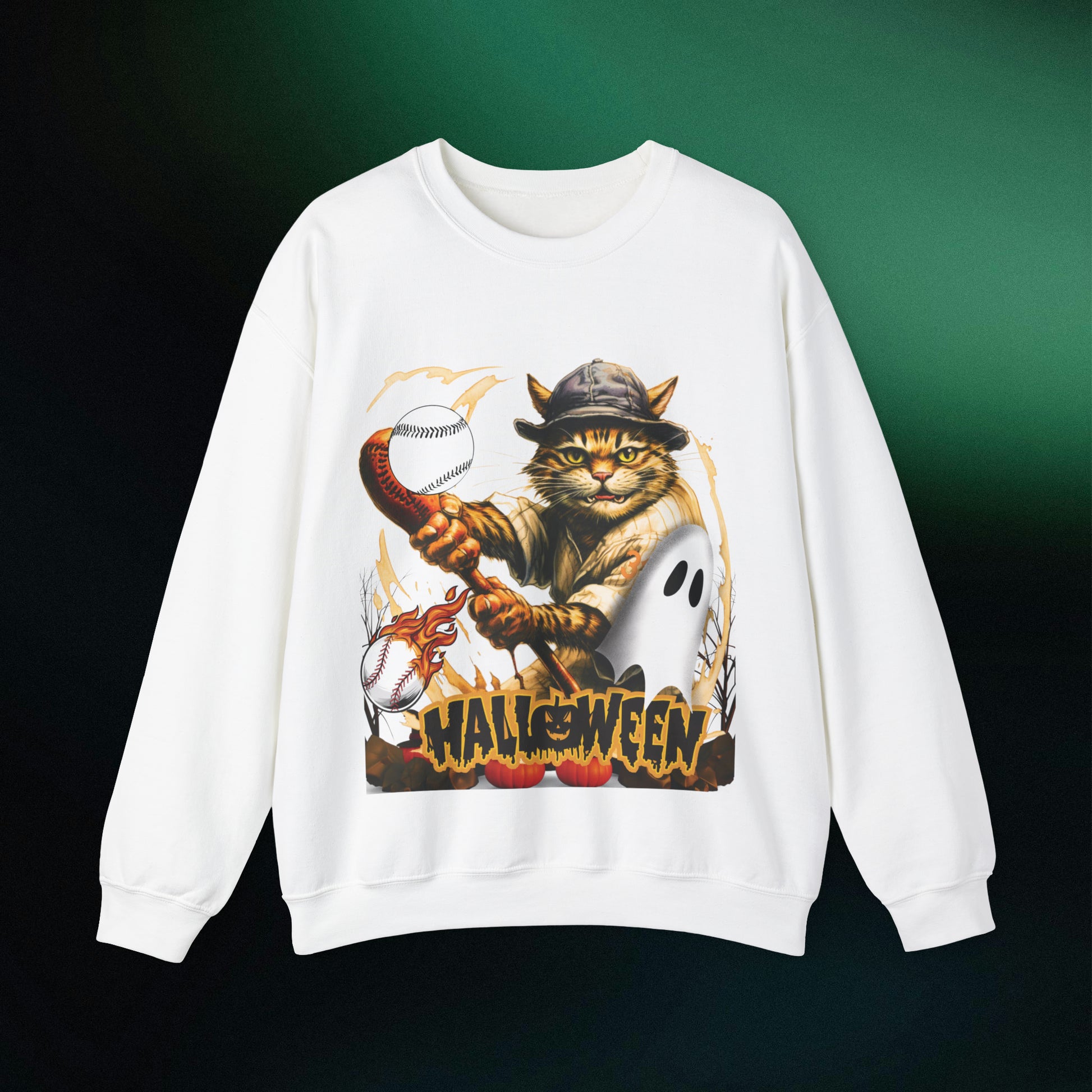 Halloween Cat Baseball Sweatshirt | Playful Feline and Pumpkins | Spooky Sports | Halloween Fun Sweatshirt Sweatshirt S White 