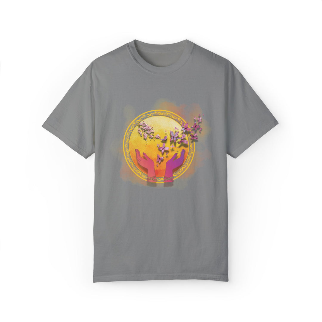 Spiritual Symbol Hands Garment-Dyed T-shirt with Flowers and Butterflies T-Shirt Printify Granite S