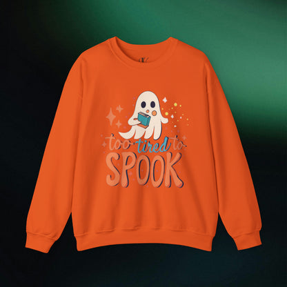 Ghost Reading Books Sweater | Bookish Halloween Sweatshirt - Halloween Teacher Gift, Librarian Halloween Hoodie, Ghost Crewneck - 'Too Tired to Spook' Sweatshirt S Orange 