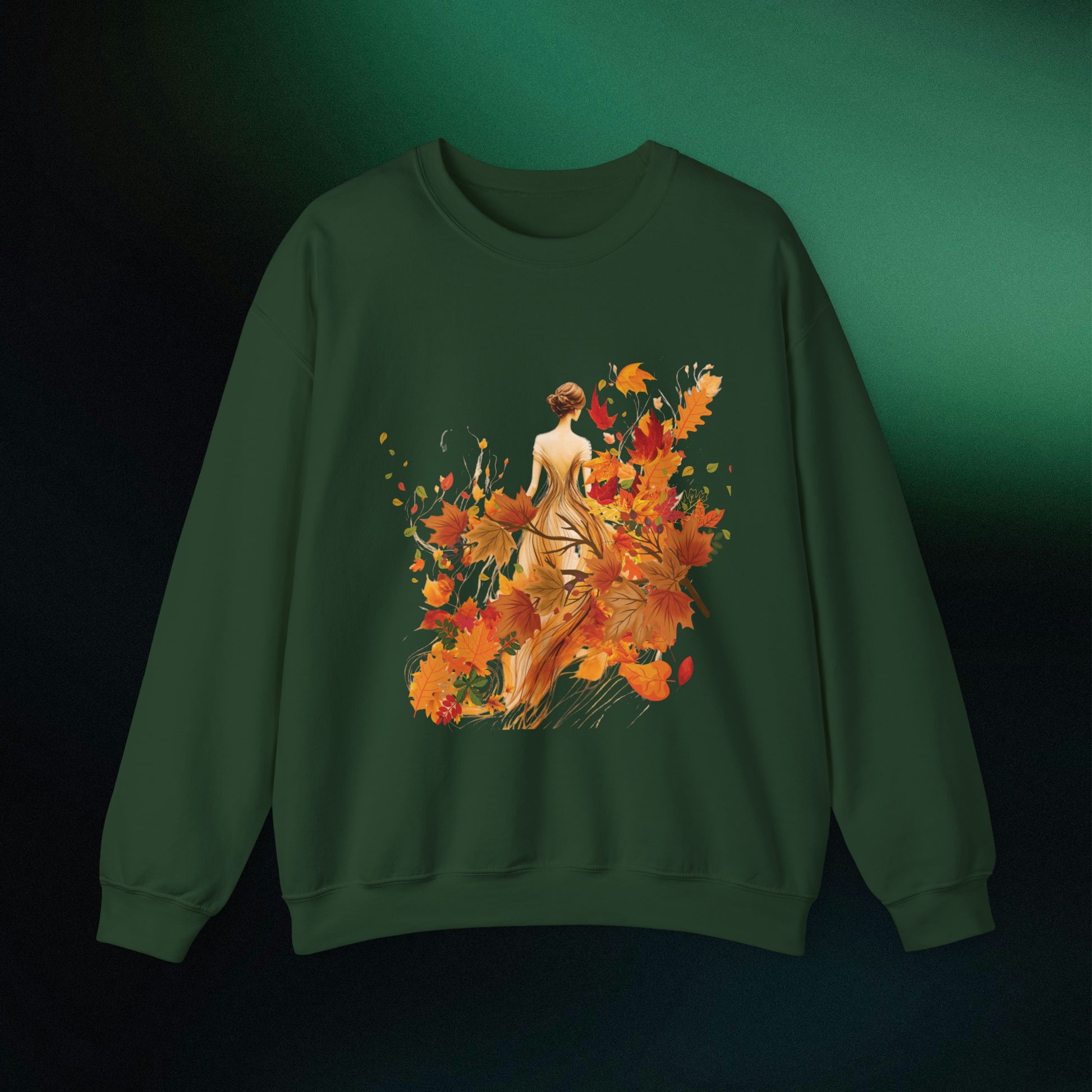 Whimsical Dreams in Autumn Hues: Romantic Dreamy Female Surrounded by Autumn Leaves Sweatshirt Sweatshirt S Forest Green 