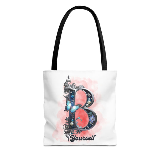 Elegant Feminine Tote Bag with Embellished 'B' and 'Yourself' Bags Printify 13" × 13'' Black