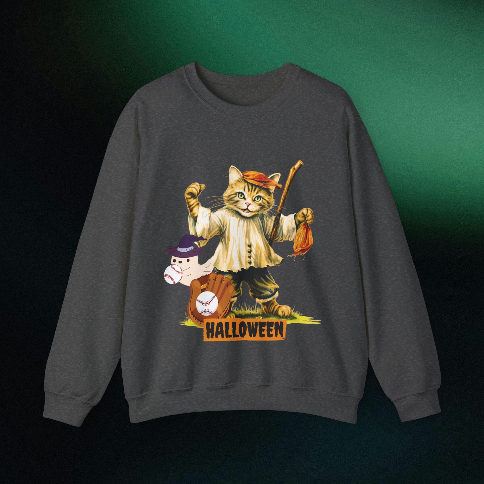 Halloween Cat Baseball Sweatshirt | Playful Feline and Pumpkins | Spooky Sports | Halloween Fun Sweatshirt Sweatshirt S Dark Heather 