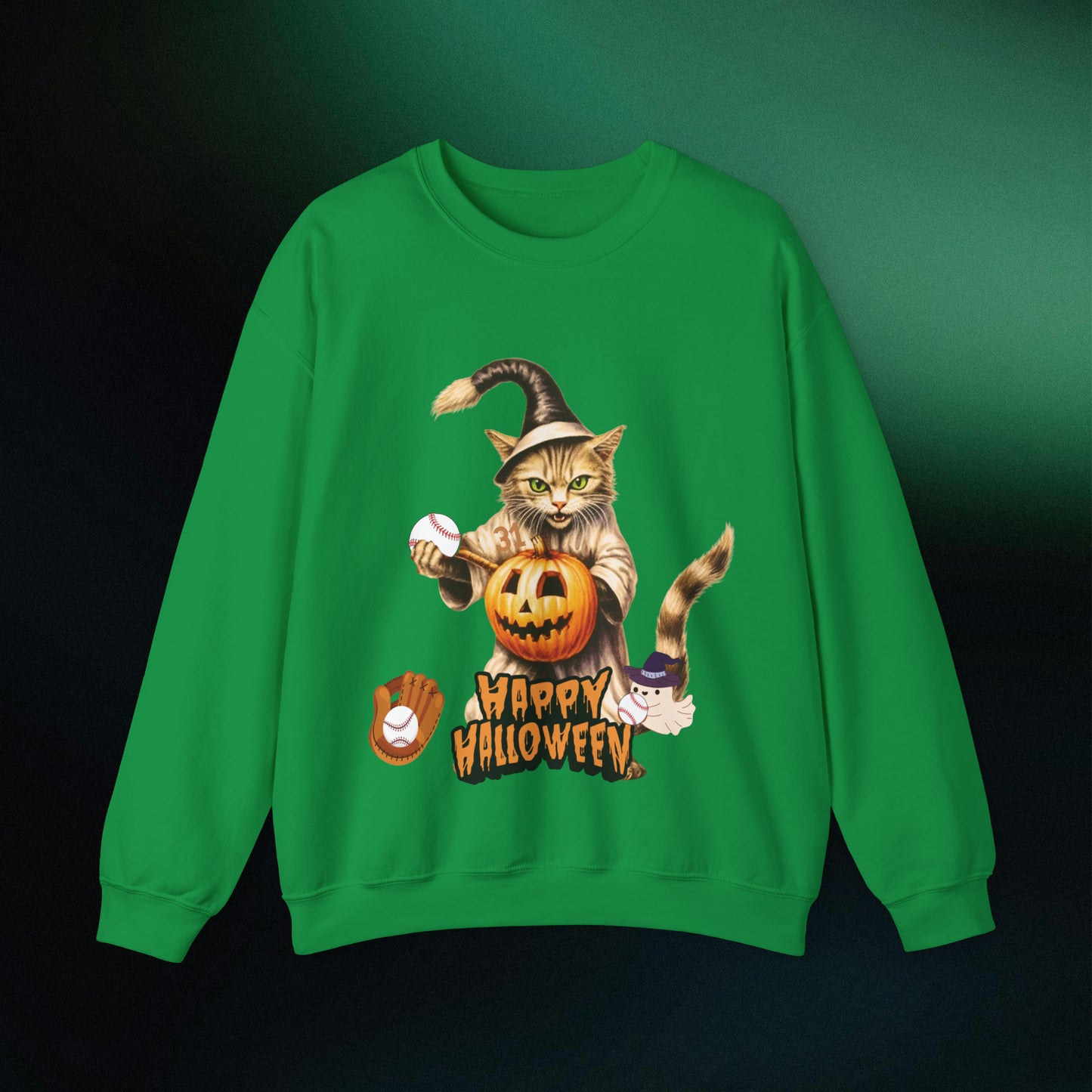 Halloween Cat Baseball Sweatshirt | Happy Halloween - Spooky Sports | Halloween Fun Sweatshirt Sweatshirt S Irish Green 