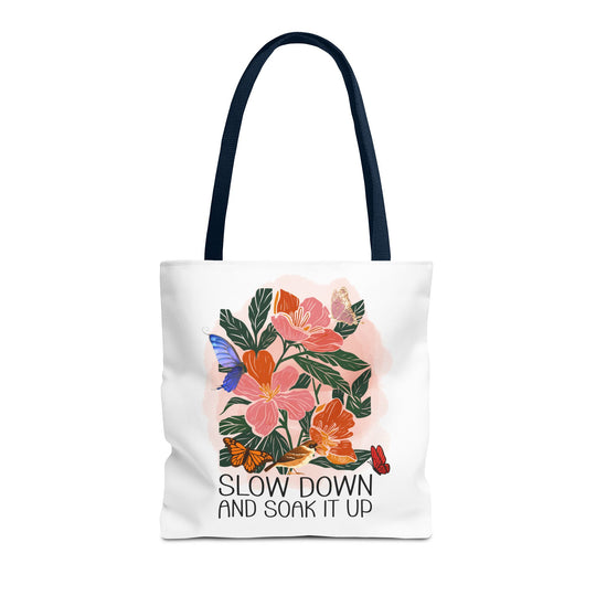 Floral Tote Bag - Slow Down and Soak It Up Bags Printify 16" × 16'' Navy