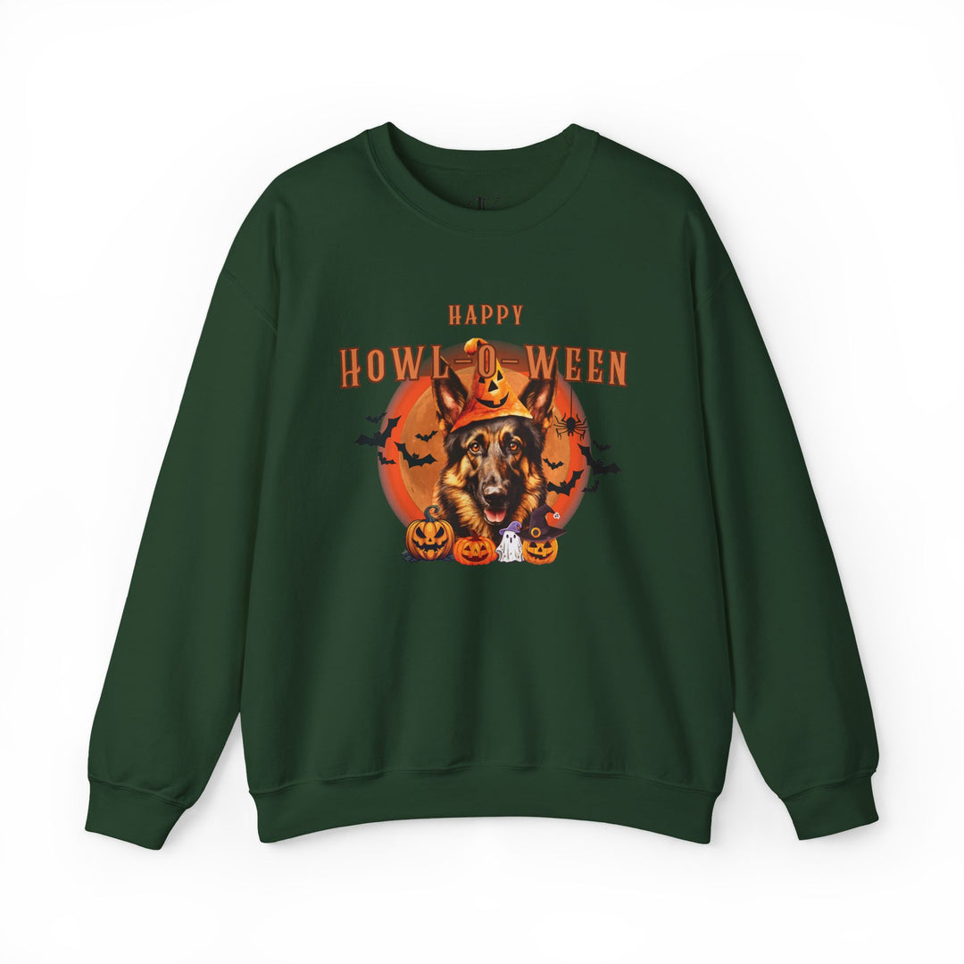 Howl-oween German Shepherd Sweatshirt: Spooky Dog Shirt for Dog Lovers Sweatshirt Printify S Forest Green