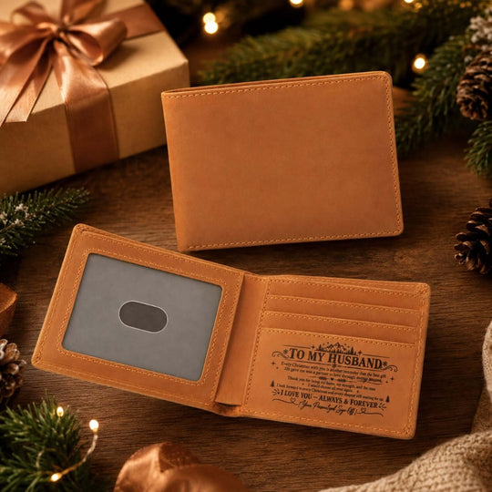 Christmas gift for husband wallet with personalized message inside, perfect for special occasions.