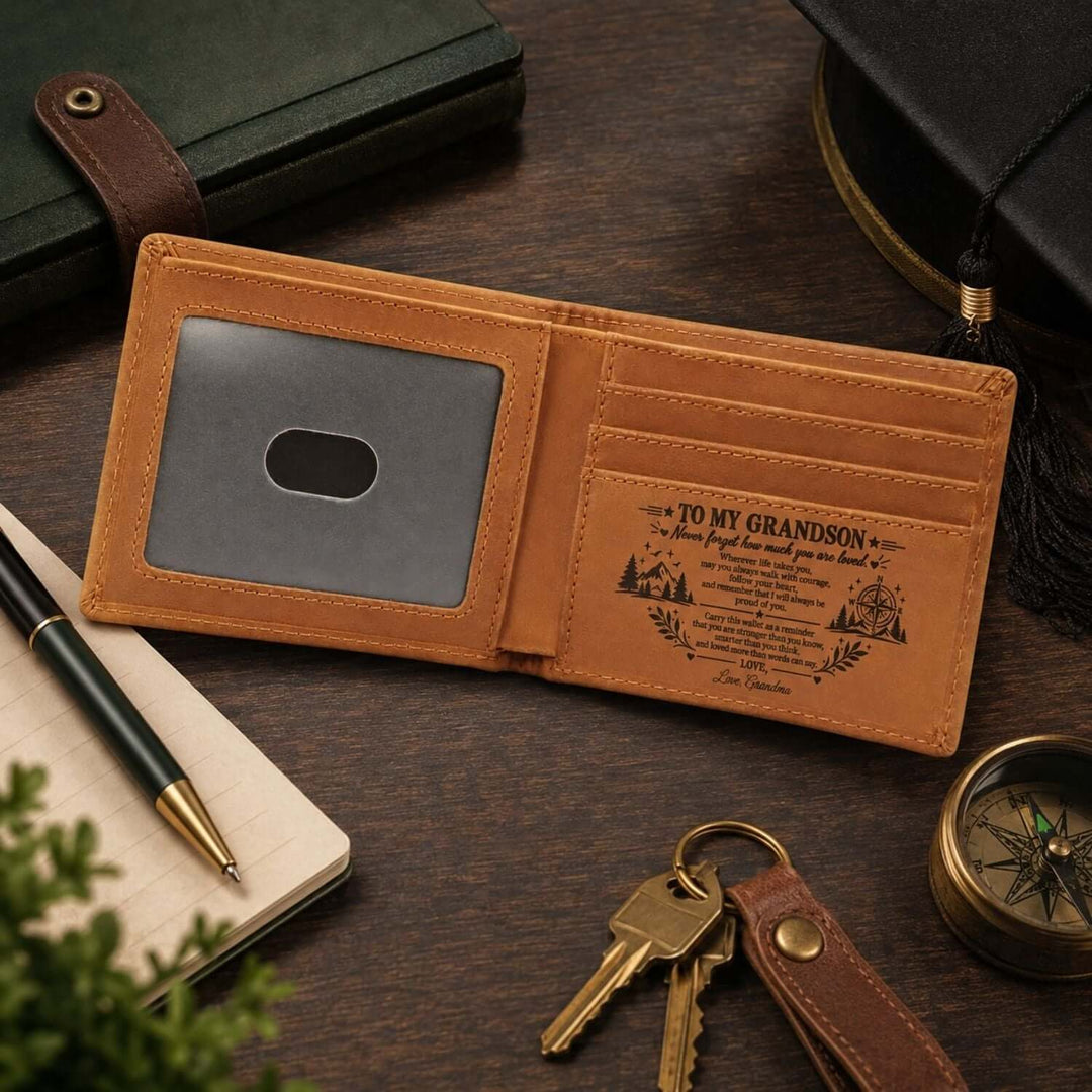 Engraved wallet for grandson featuring a personalized message, placed on a wooden surface with stationery and compass.