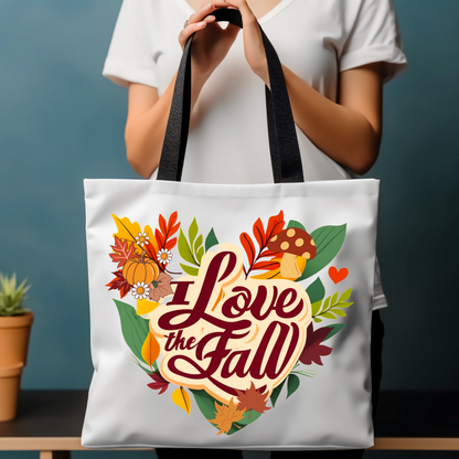 Love Fall Tote Bag - Pumpkin Style, Fall Shoulder Chic, Autumn Vibes, Theme Tote, Leaves Elegance, Gift for Her Heart Shape - 'I Love Fall' Accessories   