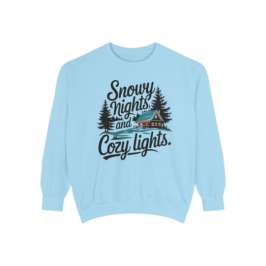 Snowy Nights and Cozy Lights Garment-Dyed Sweatshirt Sweatshirt Printify Chambray S