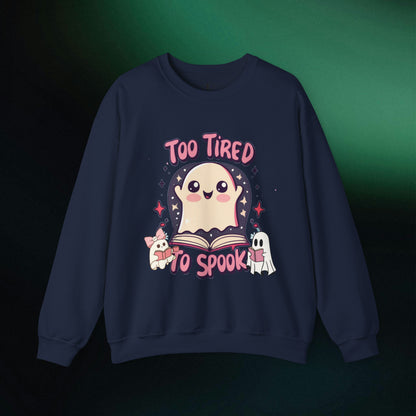 Ghost Reading Books Sweater | Bookish Halloween Sweatshirt - Halloween Teacher Gift, Librarian Halloween Hoodie, Ghost Crewneck - 'Too Tired to Spook' Sweatshirt S Navy 
