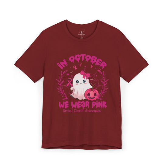 Cute Spooky Ghost Breast Cancer Support "In October We Wear Pink" T-Shirt