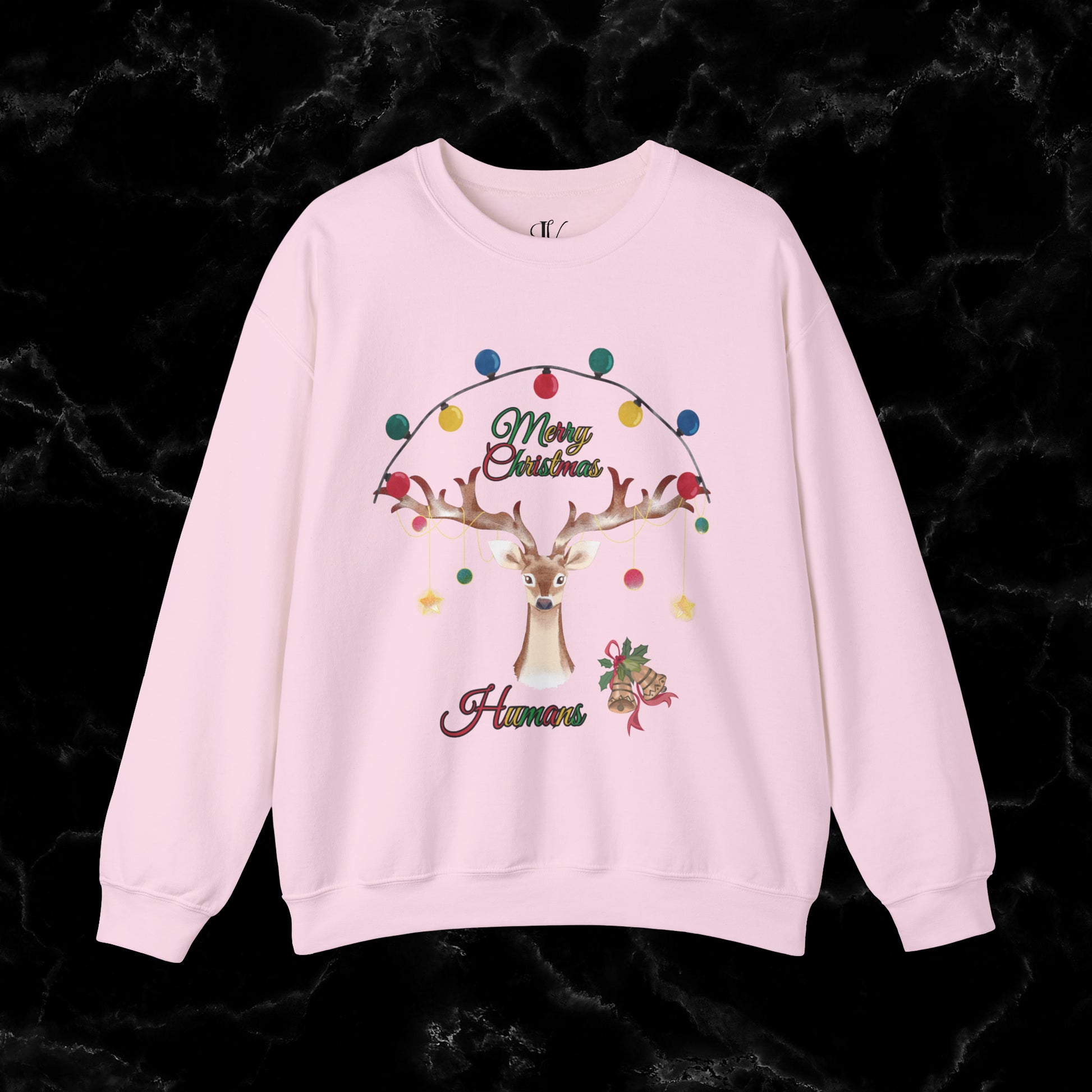 Merry Christmas Reindeer Sweatshirt - Christmas Crewneck for Festive Holiday Cheer | 'Merry Christmas Humans' Sweatshirt S Light Pink 