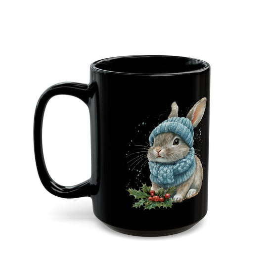 Cute Winter Watercolor Bunny Black Mug