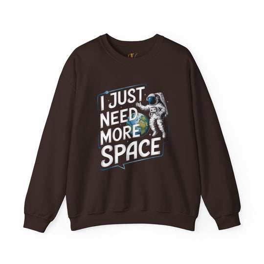 Space Astronaut Crewneck Sweatshirt - I JUST NEED MORE SPACE Sweatshirt Printify S Dark Chocolate