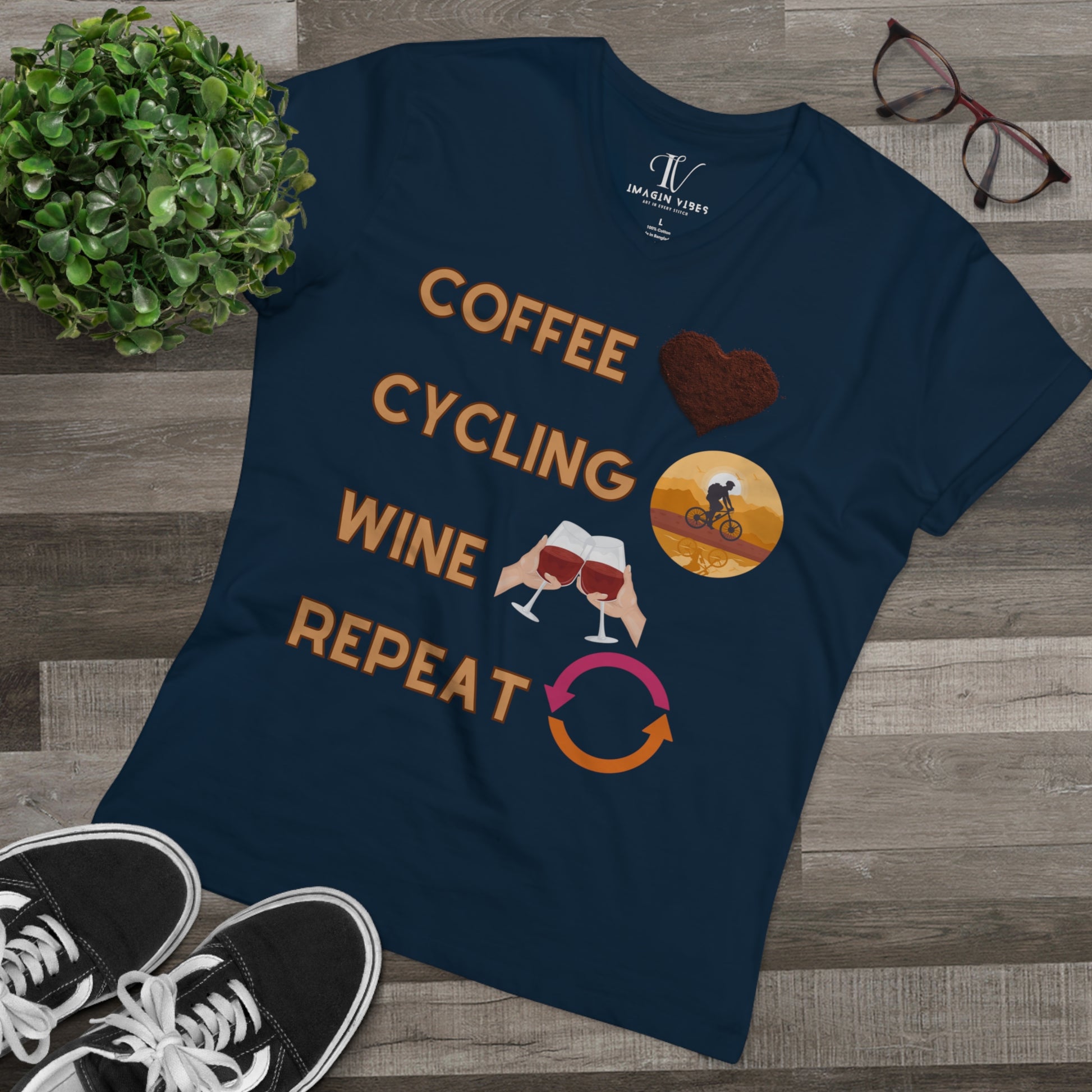 Minimalistic Bicycle T-Shirt for Men - Cotton Shirts, Eco-Friendly Gift for Coffee and Cycling Enthusiasts V-neck French Navy S 