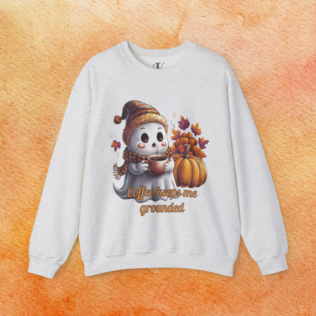 Ghostly Brew: Coffee Keeps Me Grounded Sweatshirt Sweatshirt Printify S Ash