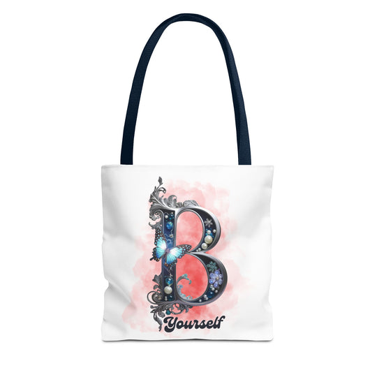 Elegant Feminine Tote Bag with Embellished 'B' and 'Yourself' Bags Printify 13" × 13'' Navy