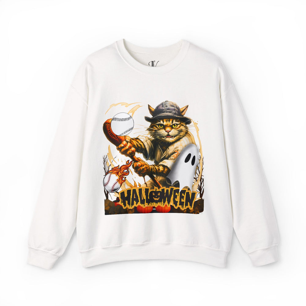 Halloween Kitty: Playful Baseball Cat Crewneck Sweatshirt Sweatshirt Printify S White