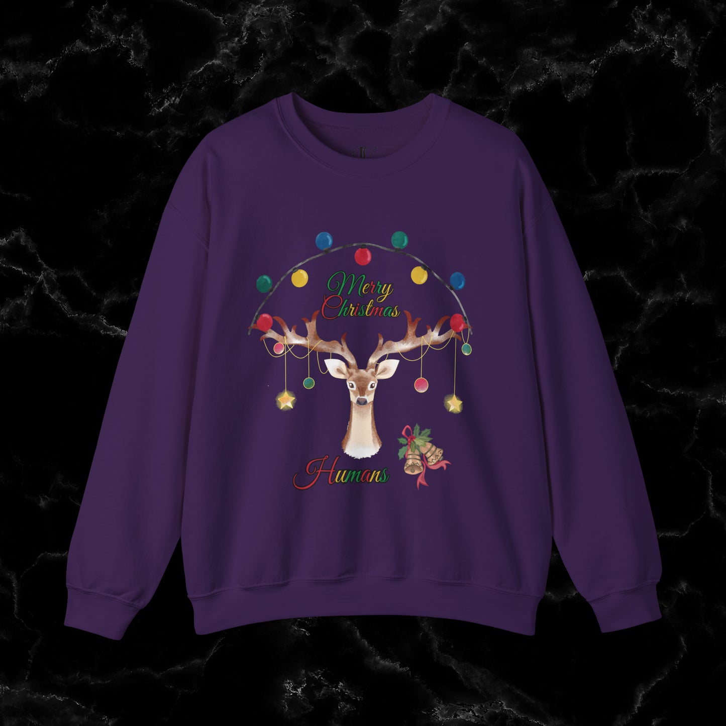 Merry Christmas Reindeer Sweatshirt - Christmas Crewneck for Festive Holiday Cheer | 'Merry Christmas Humans' Sweatshirt S Purple 
