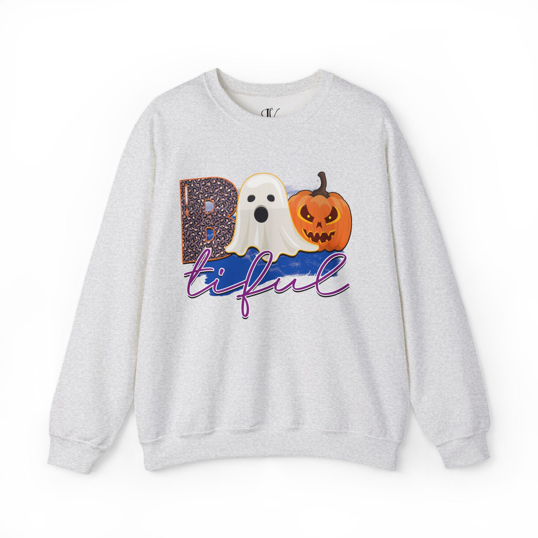 Bootiful Halloween Sweatshirt: Ghost and Pumpkin Design Sweatshirt Printify S Ash