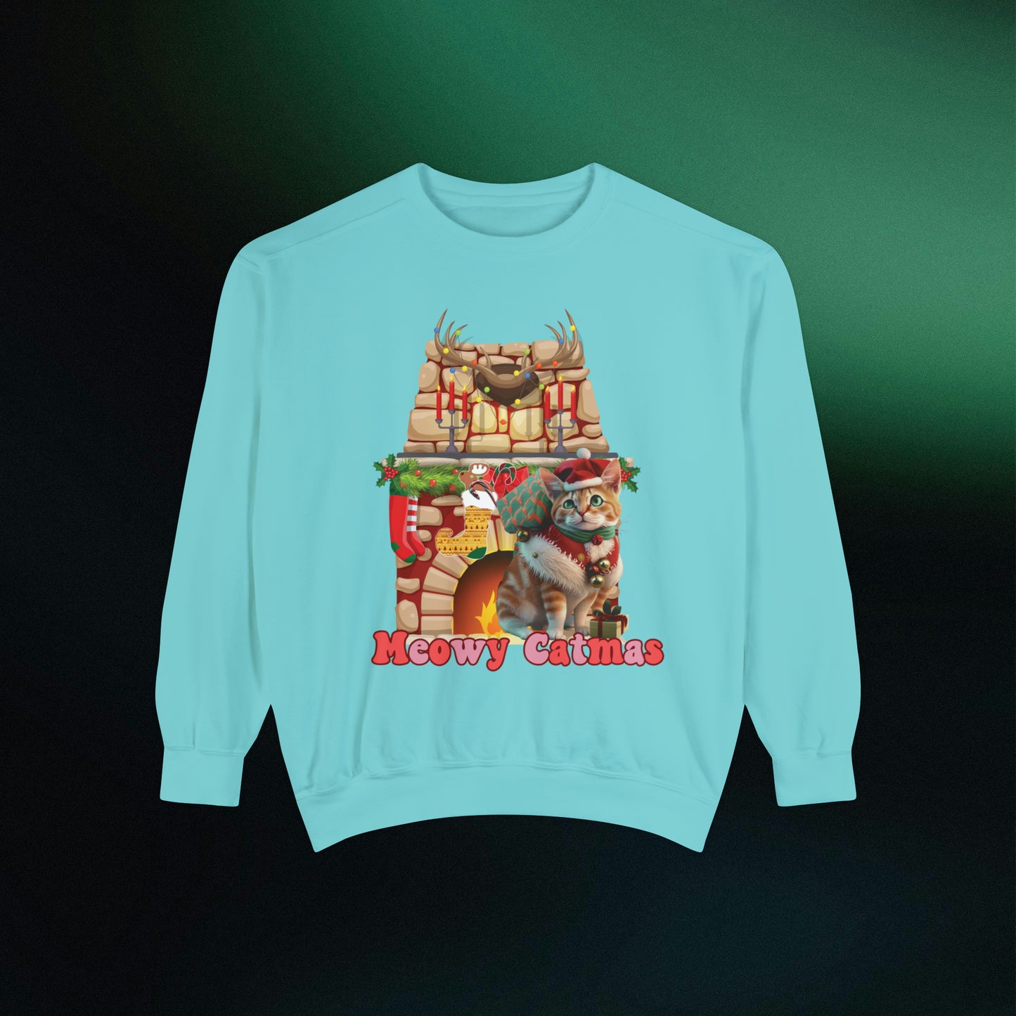 Funny Christmas Cat Sweatshirt | Meowy Christmas Cat Sweater | Christmas Gifts for Cat Lovers - Christmas Lights Shirt, Christmas Cats Shirt Sweatshirt Chalky Mint S 
