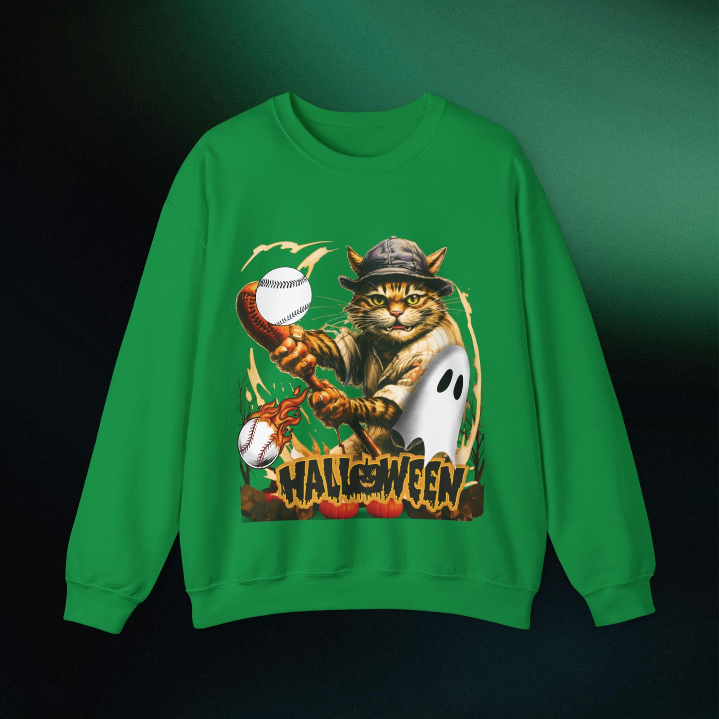 Halloween Cat Baseball Sweatshirt | Playful Feline and Pumpkins | Spooky Sports | Halloween Fun Sweatshirt Sweatshirt S Irish Green 
