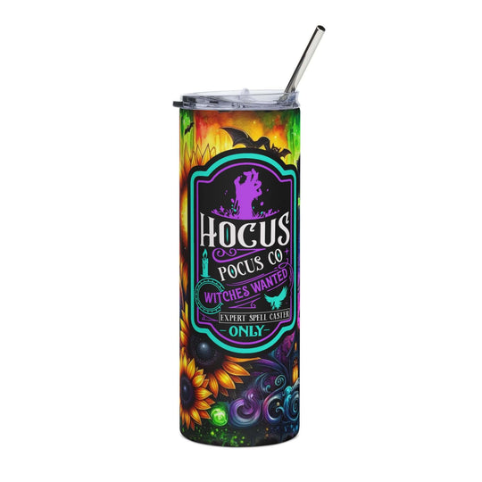 20oz Stainless Steel Tumbler — Halloween Skulls, Sunflowers & Haunted House Mug Printify