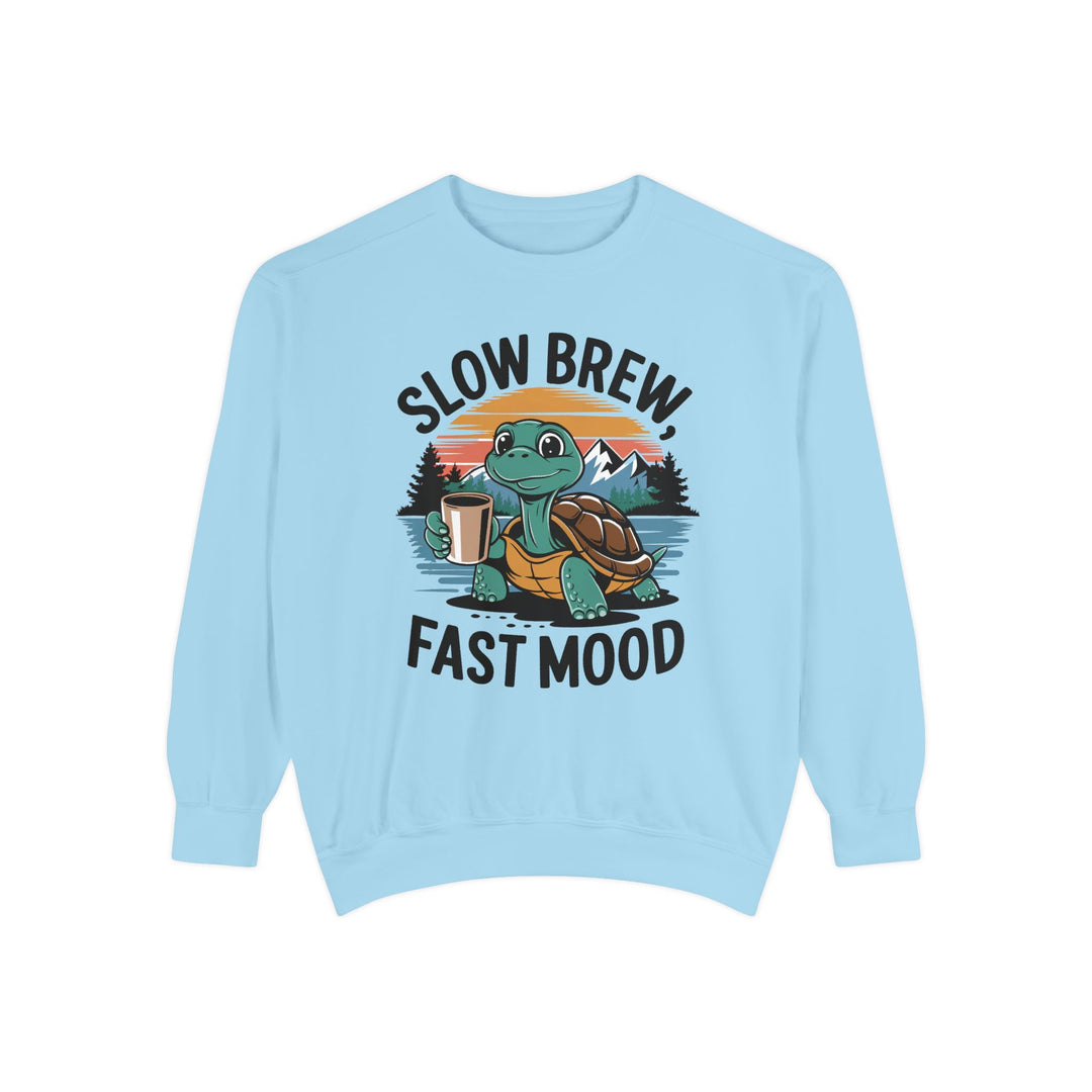 Turtle Coffee Sweatshirt - Slow Brew Fast Mood Sweatshirt Printify Chambray S