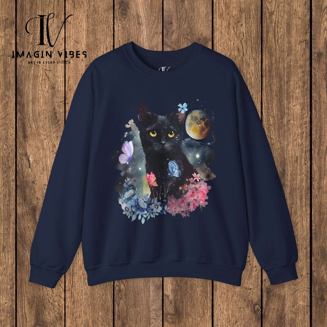 Imagin Vibes: Floral Cat & Butterflies Sweatshirt Sweatshirt S Navy 