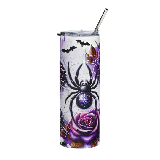 20oz Stainless Steel Tumbler — Creepy Elegant: Spider, Bats & Purple Rose Halloween Design Mug Printify White 20oz