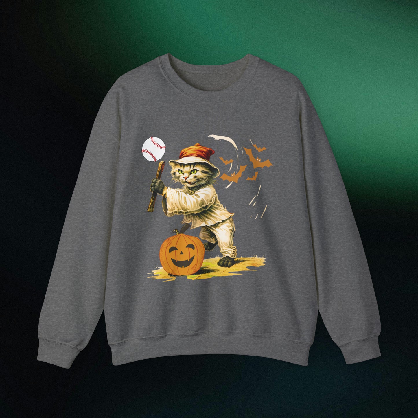 Halloween Cat Baseball Sweatshirt | Playful Feline and Pumpkins - Spooky Sports | Halloween Fun Sweatshirt Sweatshirt S Graphite Heather 