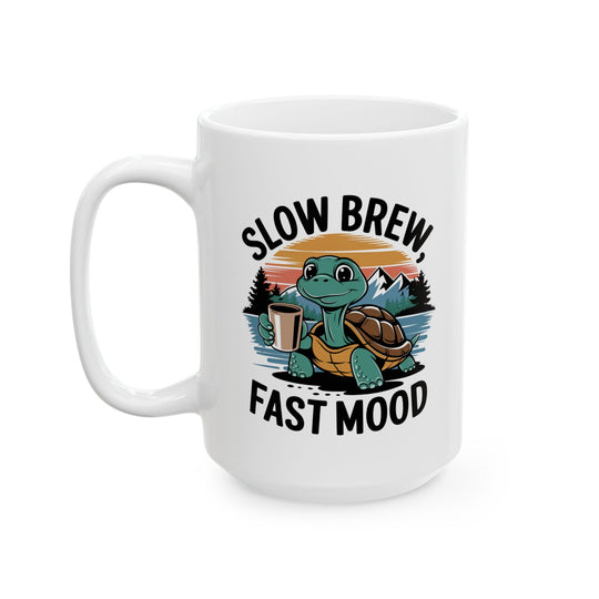 Ceramic Mug - Slow Brew, Fast Mood Retro Turtle Coffee Cup Mug Printify 15oz