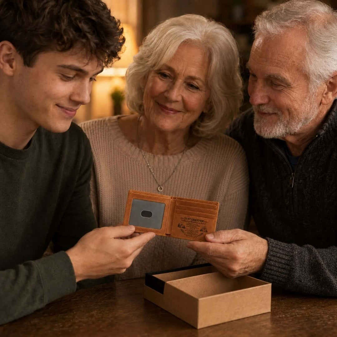 Grandson receiving an engraved wallet for grandson as a gift from grandparents, showcasing love and family bonding.