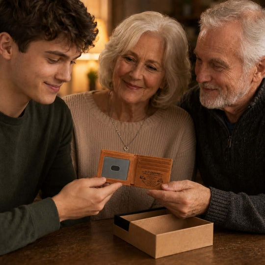 Grandson receiving an engraved wallet for grandson as a gift from grandparents, showcasing love and family bonding.
