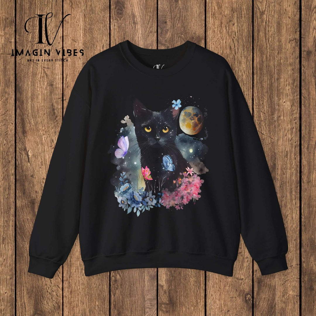 Imagin Vibes: Floral Cat & Butterflies Sweatshirt Sweatshirt S Black 